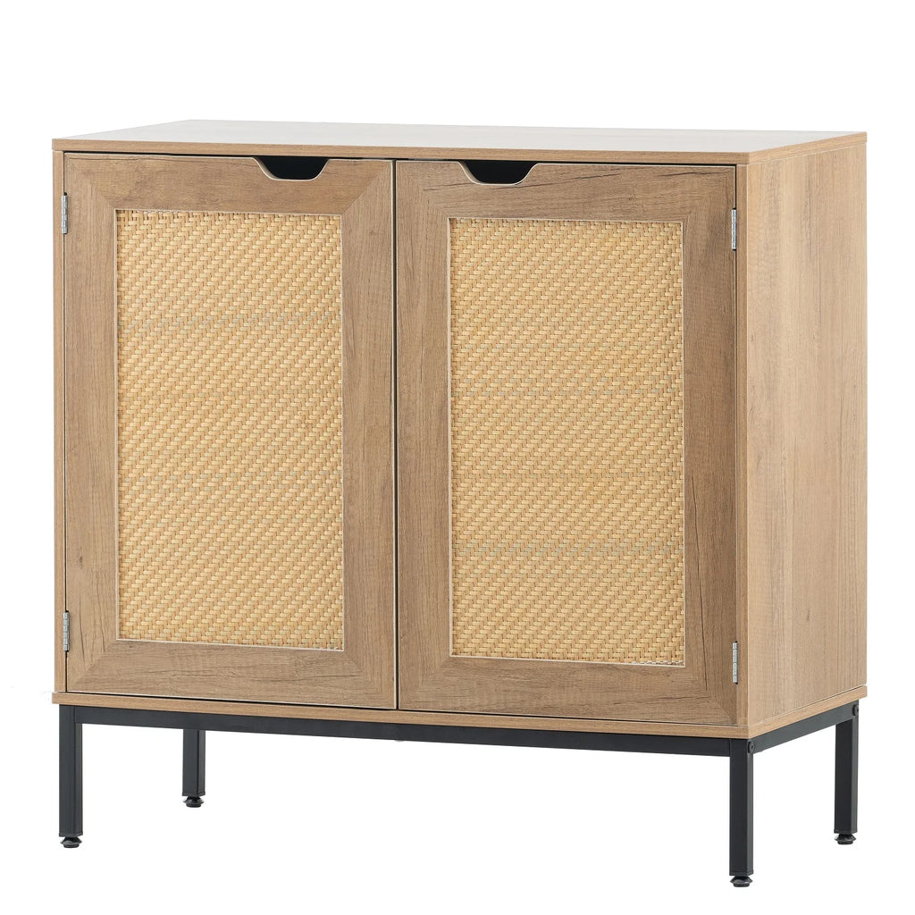 Set of 2 Natural Wood Storage Cabinet with 2 Rattan Doors X825863