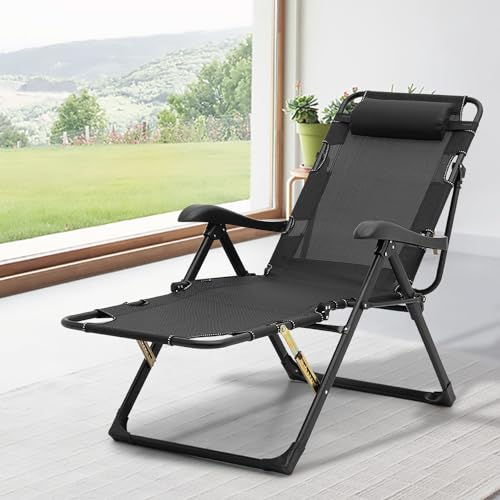 Black Folding Reclining Patio Chair with Headrest O90893