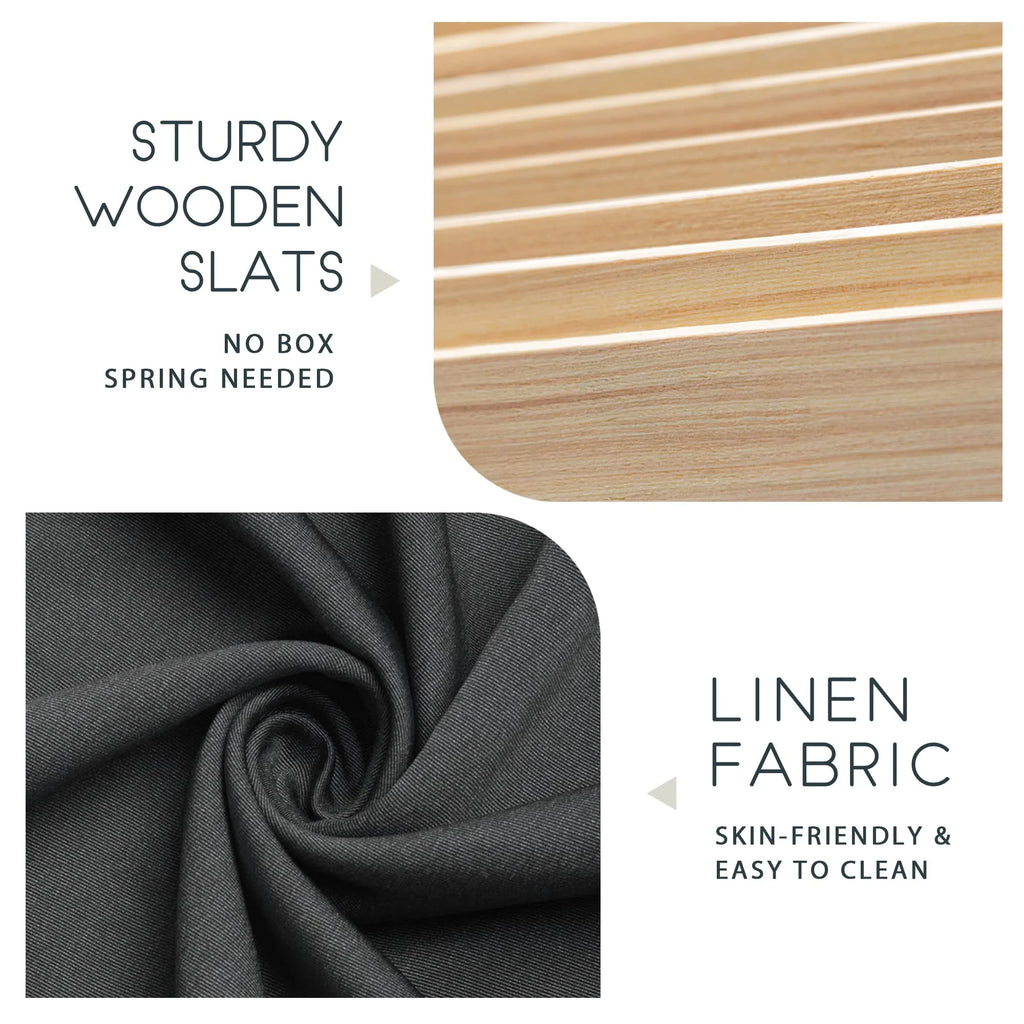 Queen Platform Bed Frame with Upholstered Wingback Linen Fabric Headboard I87493