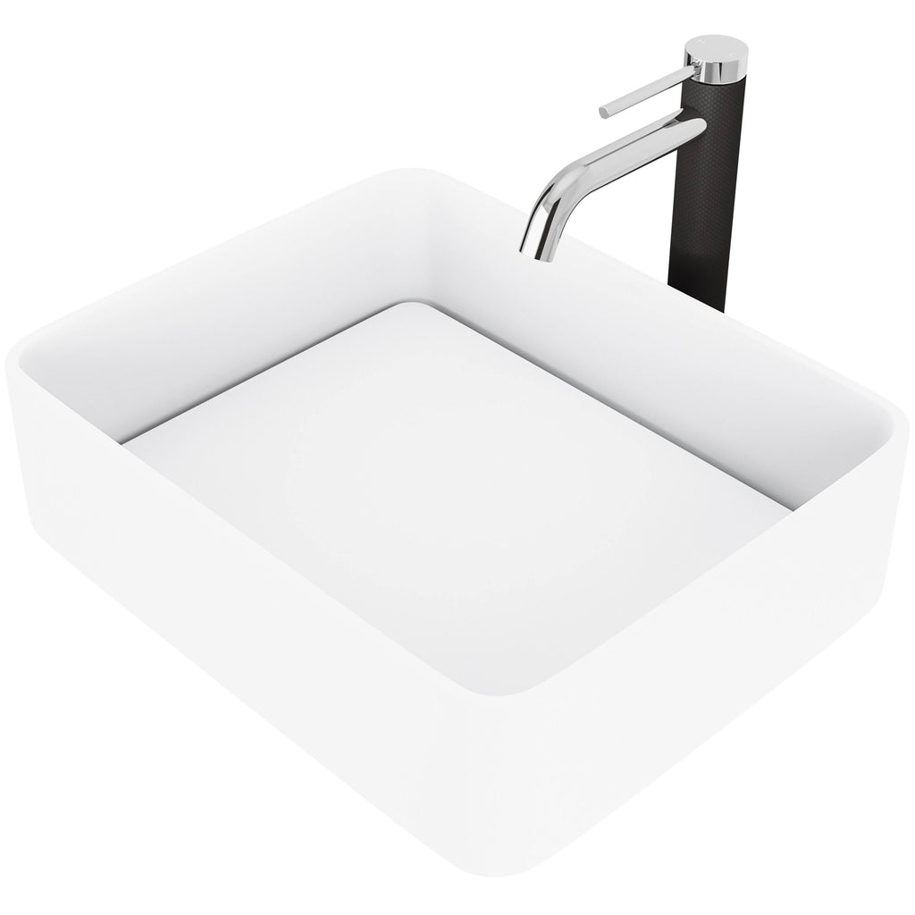 White Rectangular Vessel Bathroom Sink with Chrome Faucet and Pop-Up Drain C2620