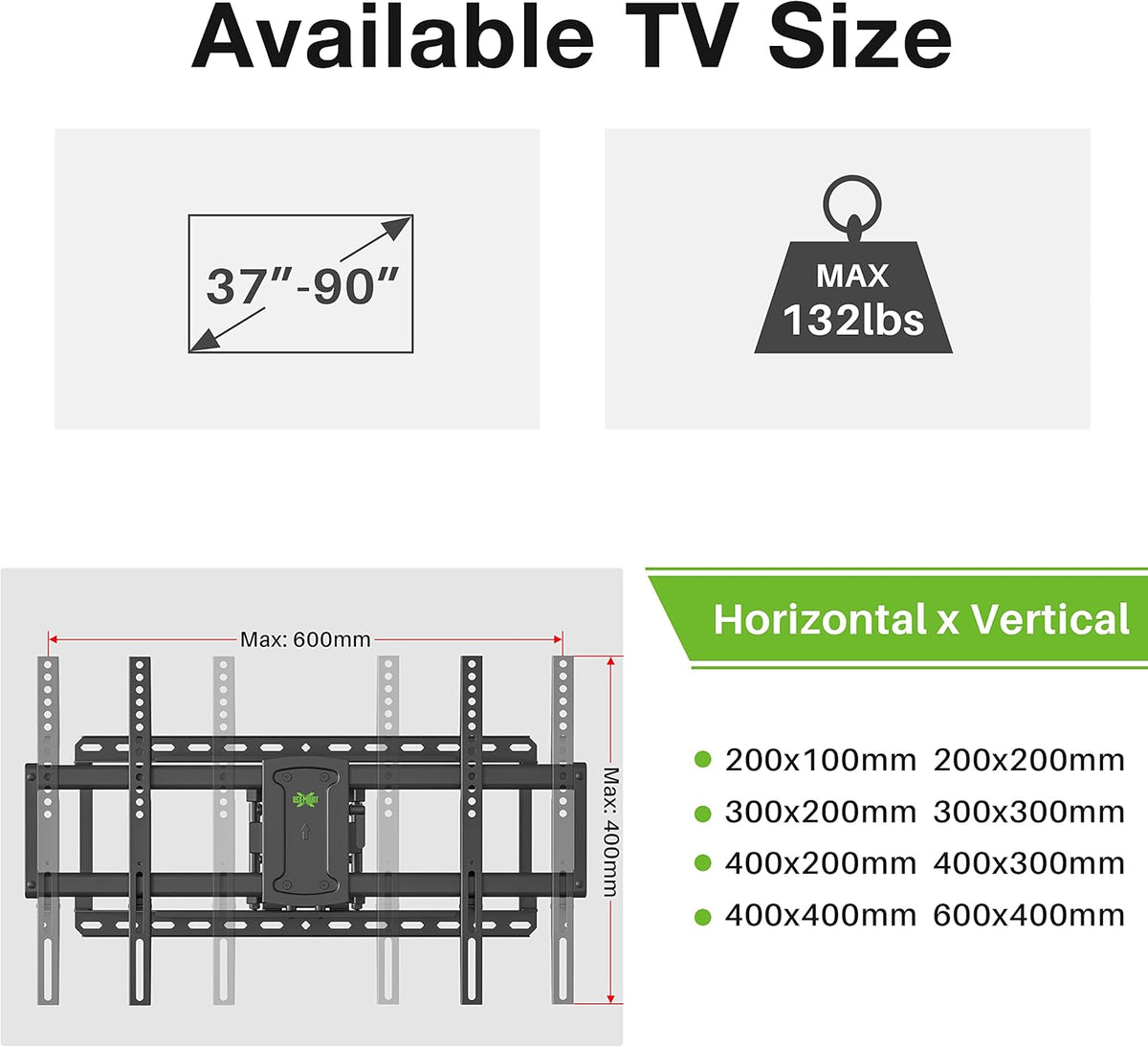 Full Motion TV Wall Mount for 37"-90" TVs, VESA 600x400mm, 132lbs G34831
