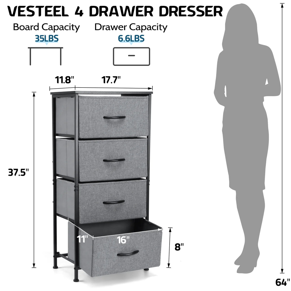 4 Drawer Fabric Dresser with Wood Top D772018