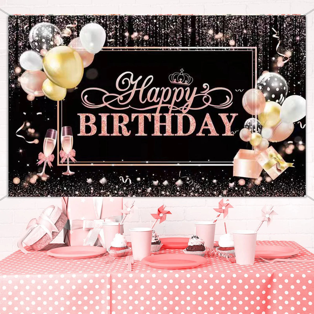 Rose Gold Glitters Birthday Banner Backdrop 45" x 70" U84028