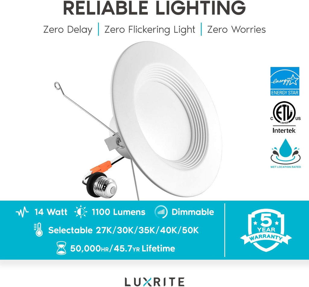 5/6 Inch LED Recessed Retrofit Downlight, 14W, Color Selectable, Dimmable, 1100 Lumens, Wet Rated, 6 Pack A635