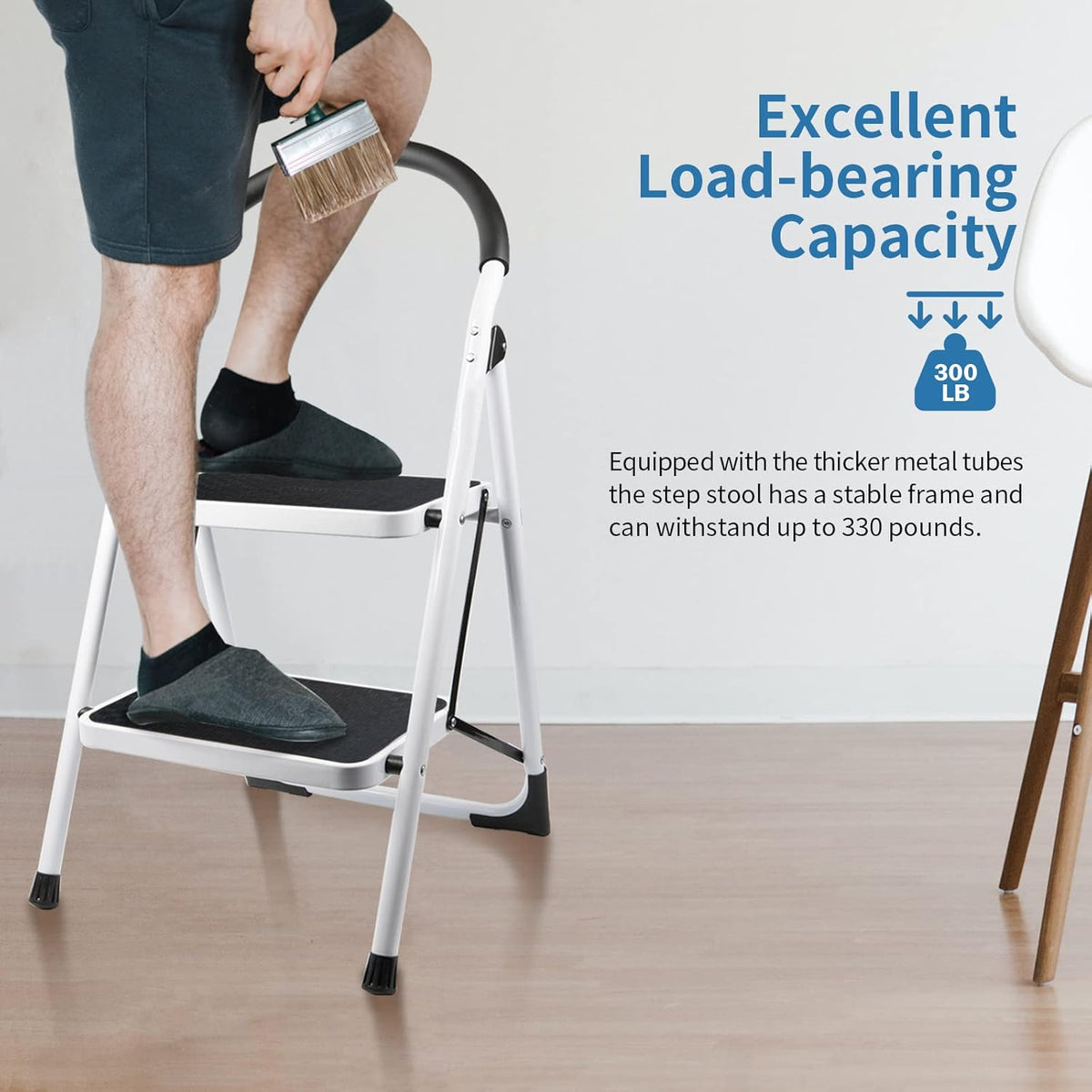 2 Step Folding Ladder with Arc-Shaped Handrail Metal Anti-Slip Base Wide Pedal Lightweight Ladder Pack of 2 U869