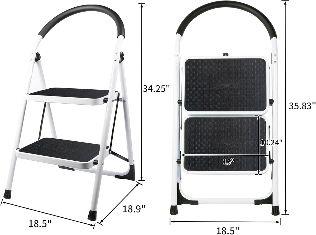 2 Step Folding Ladder with Arc-Shaped Handrail Metal Anti-Slip Base Wide Pedal Lightweight Ladder Pack of 2 U869