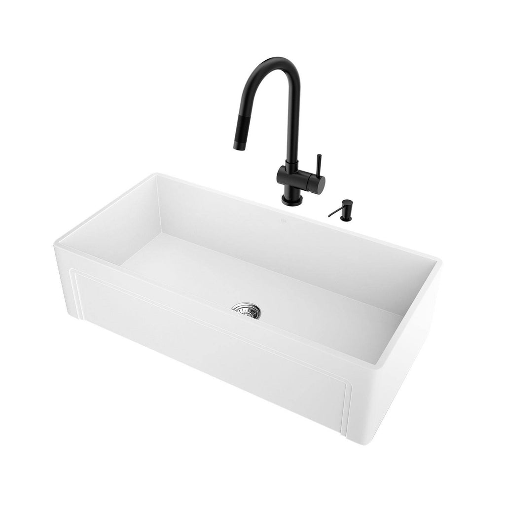 36 in. Matte Stone Farmhouse Kitchen Sink Set with Matte Black Faucet X830716