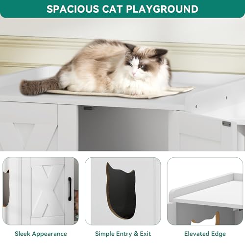 White Wooden Cat Litter Box Enclosure with Scratching Post T320360