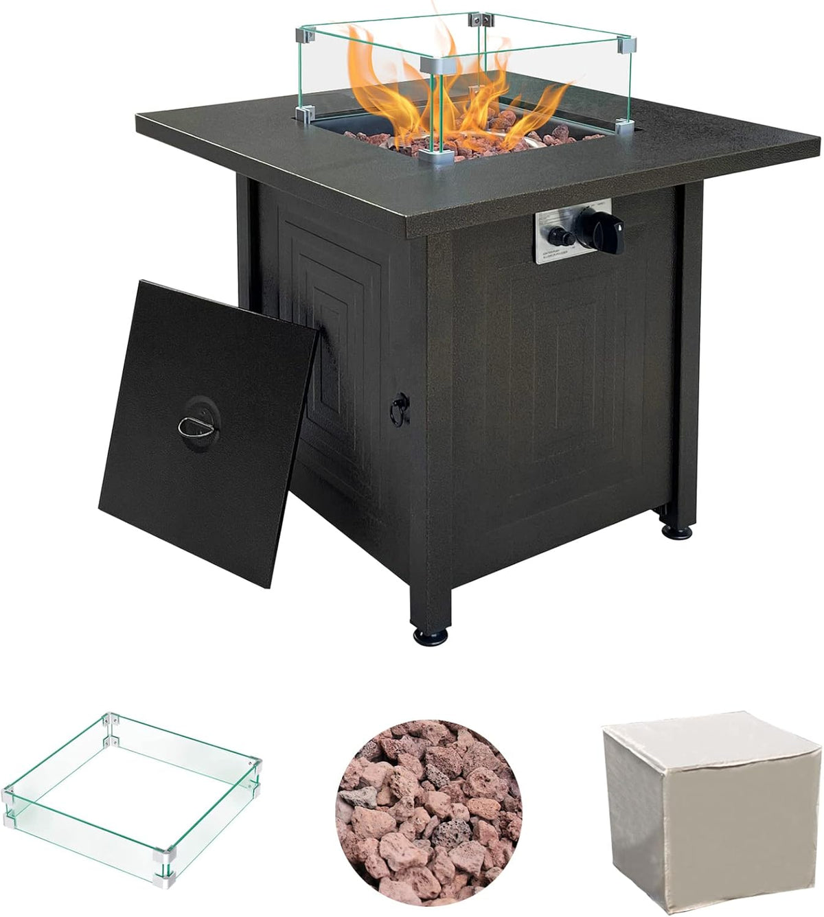 50000BTU Metal Propane Fire Pit Table with Glass Wind Guard and Lava Stone T300