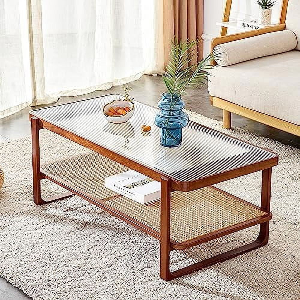 Modern Rattan Woven Glass Desktop Solid Wood Coffee Table S643