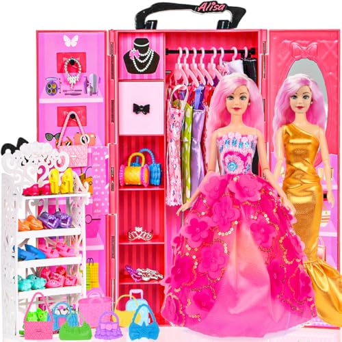 105 Pcs Doll and Closet Playset Wardrobe Set Including One Doll Wardrobe Shoes Rack Dress Shoes Hangers Necklace C57725