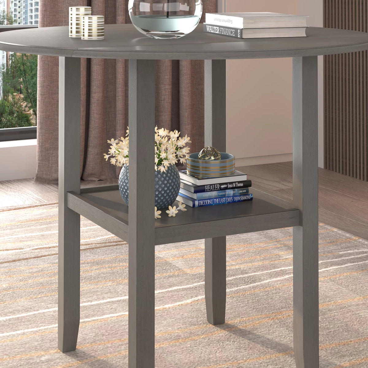 Round Drop Leaf Kitchen Dining Table with Shelf X67739