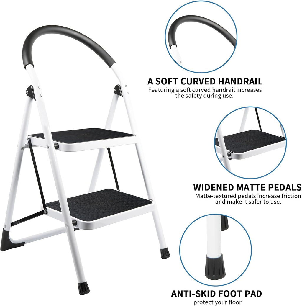 2 Step Folding Ladder with Arc-Shaped Handrail Metal Anti-Slip Base Wide Pedal Lightweight Ladder Pack of 2 U869