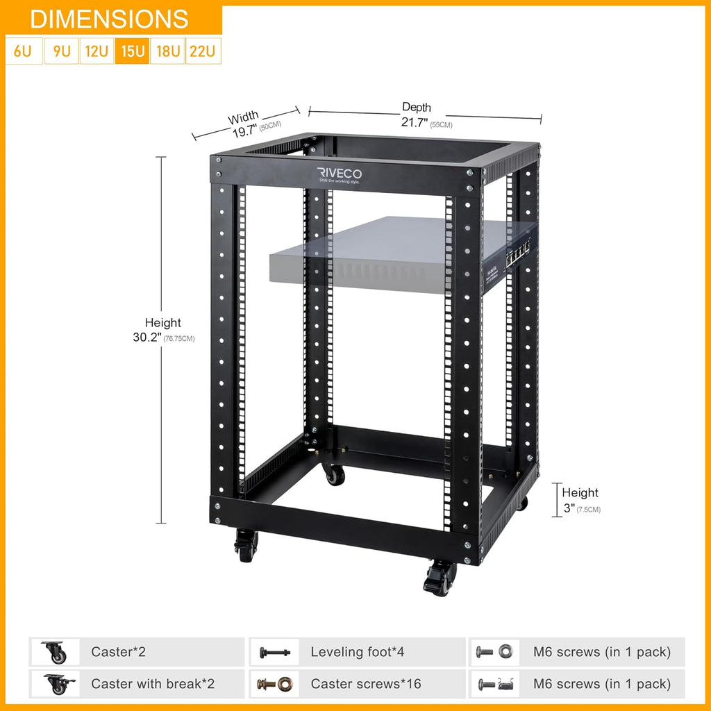 12U Open Frame 19-inch Server Rack with Casters L1153