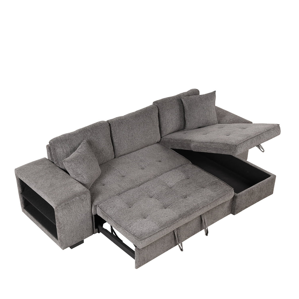 104" Reversible Sectional Couch with Pull Out Bed, L Shape Sleeper Sofa with Storage Chaise and 2 Stools H802746