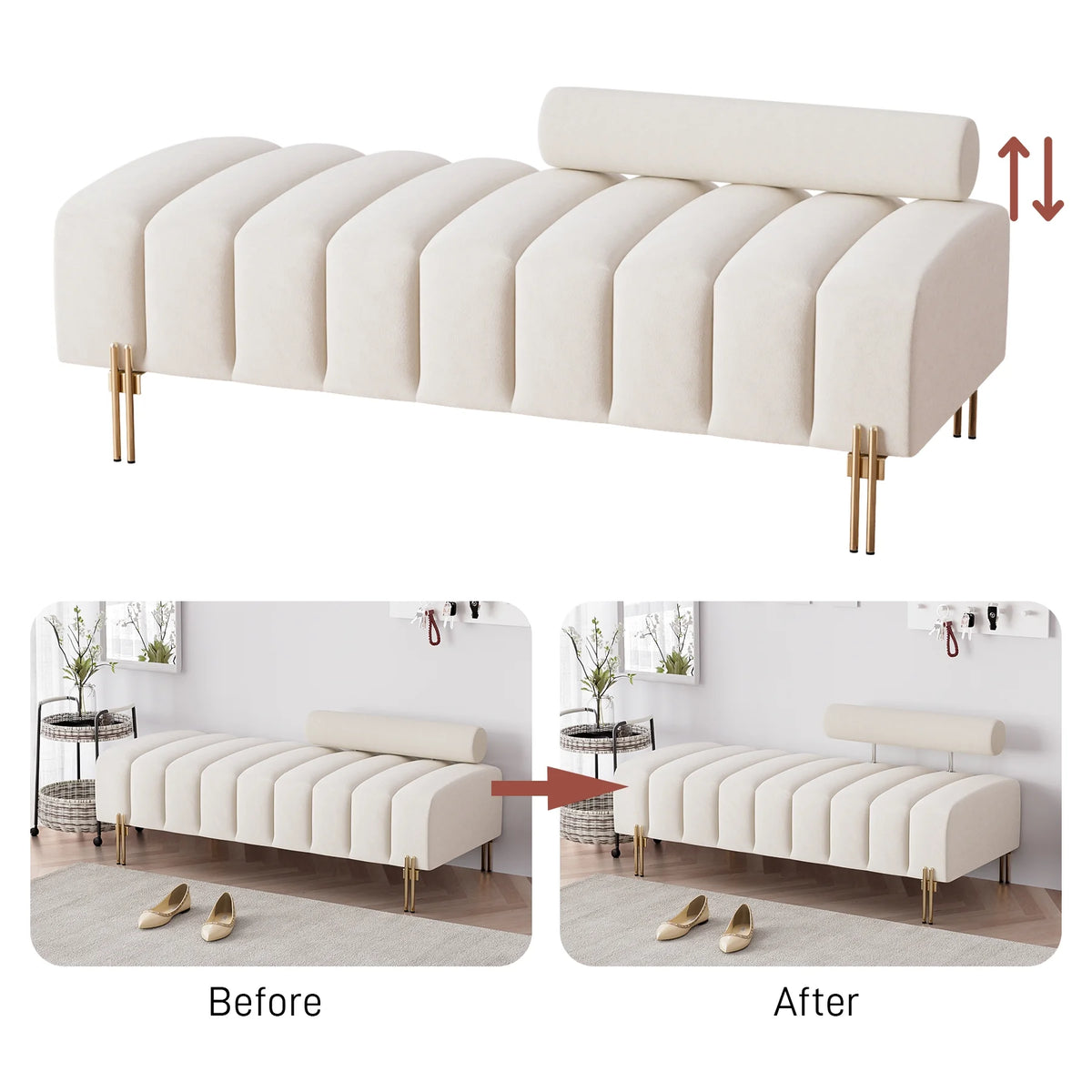 52" Velvet Upholstered Bench with Golden Metal Legs T306