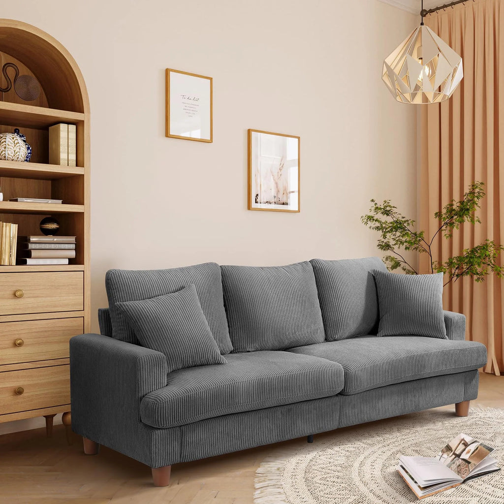 Gray Corduroy 3 Seater Sofa with 2 Pillows W809983