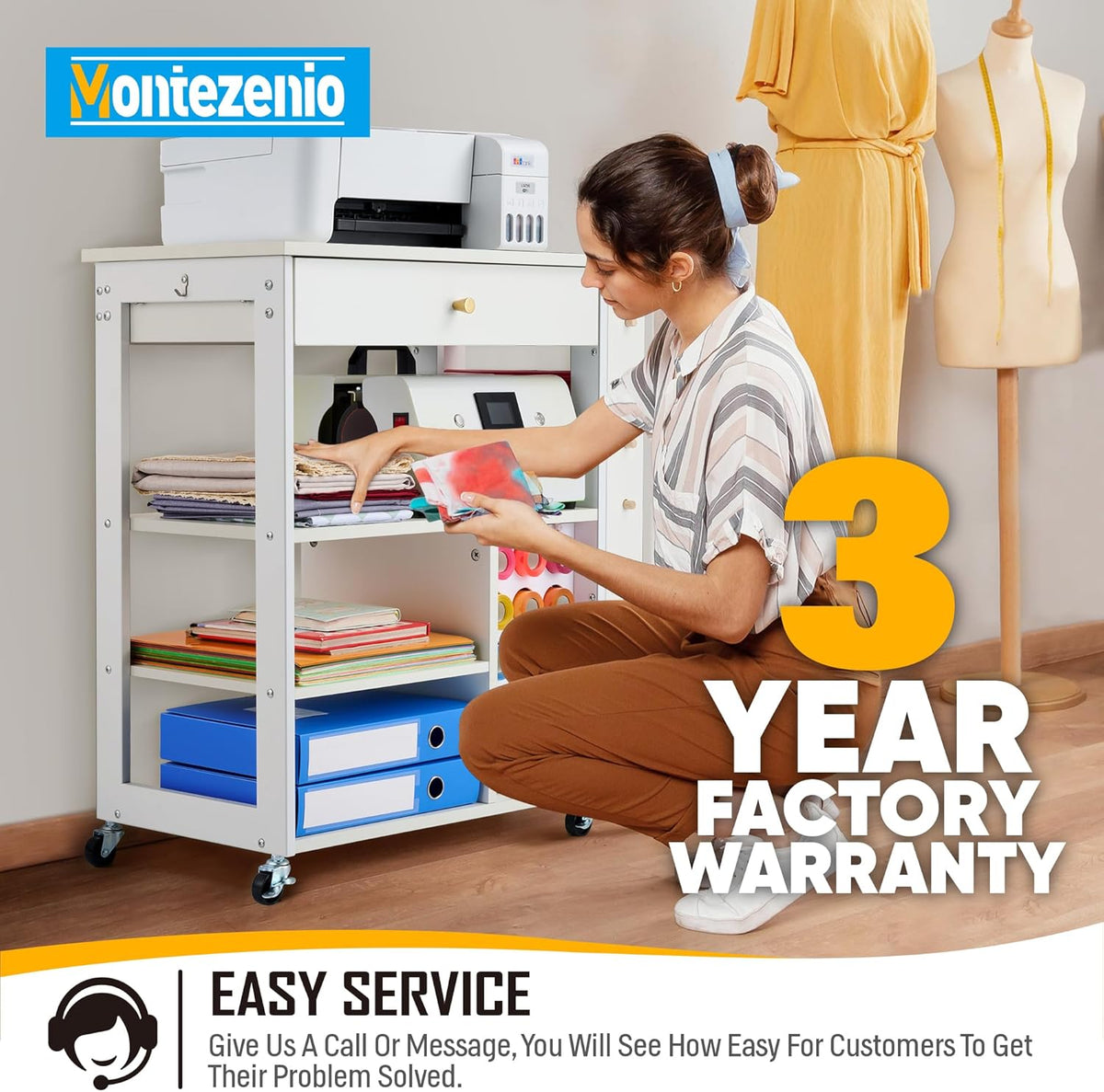 Mobile Craft Storage with 23 Vinyl Roll Holder, Craft Table Stand with Wheels, Crafting Cabinet with Large Drawers X4323