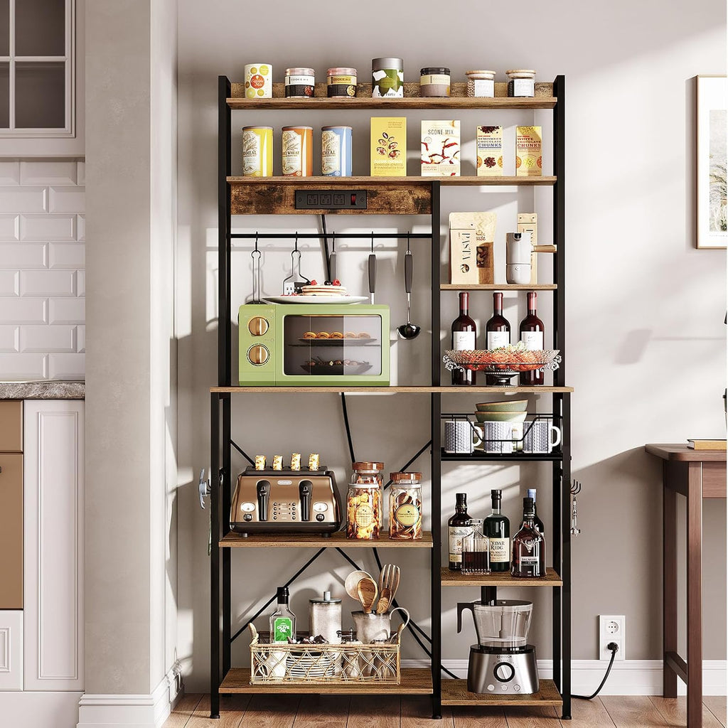 Rustic Brown and Black Floor Standing Bakers Rack with Power Outlet B69982