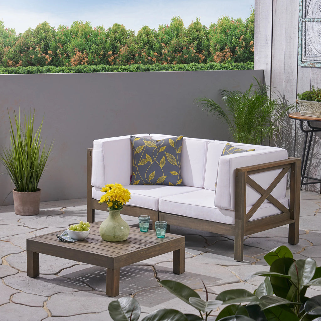 Gray and White Acacia Wood Sectional Loveseat with Coffee Table J538894