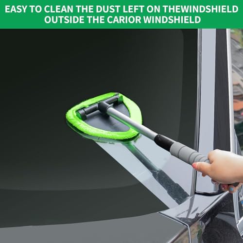 Portable Windshield Cleaner Tool with Extendable Handle and 4 Microfiber Towel Pads K46944