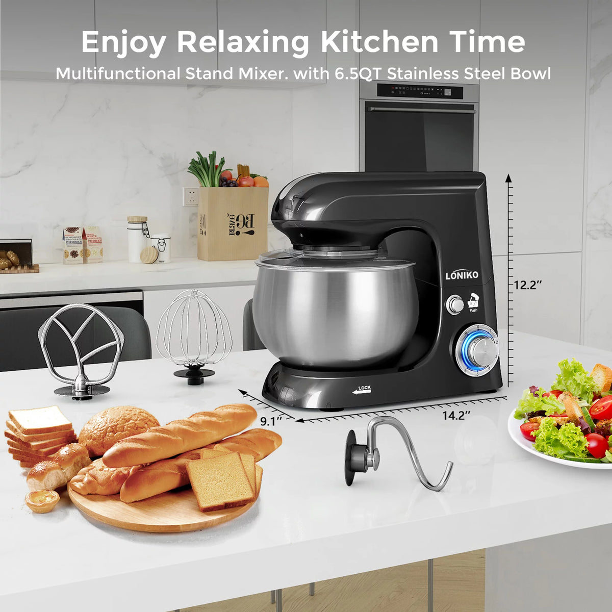 Electric Stand Mixer 400W 6-Speed 6.5QT Stainless Steel Bowl Black L827