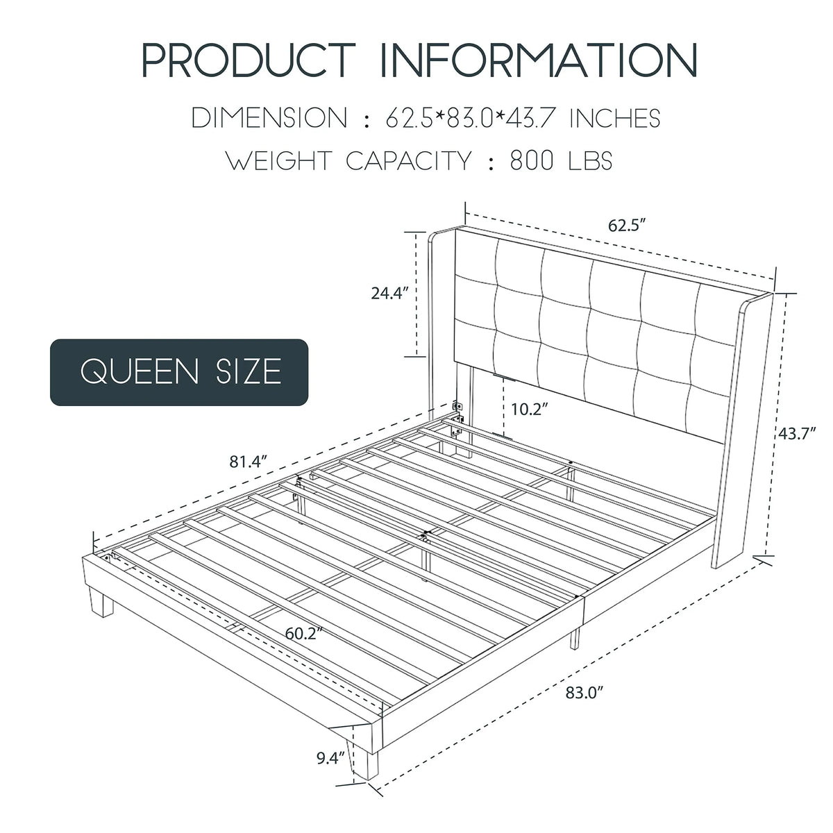 Queen Platform Bed Frame with Upholstered Wingback Linen Fabric Headboard I87493