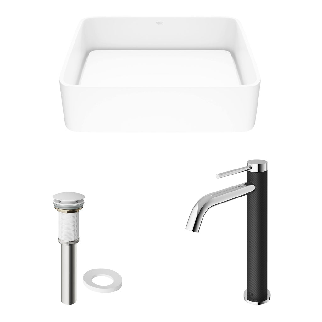 White Rectangular Vessel Bathroom Sink with Chrome Faucet and Pop-Up Drain C2620