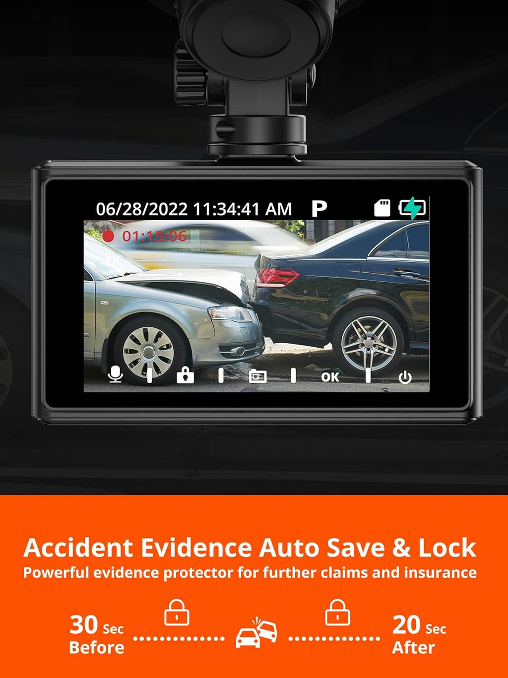 4K Front and Rear Dual Dash Cam with WiFi, Night Vision, Black F472728