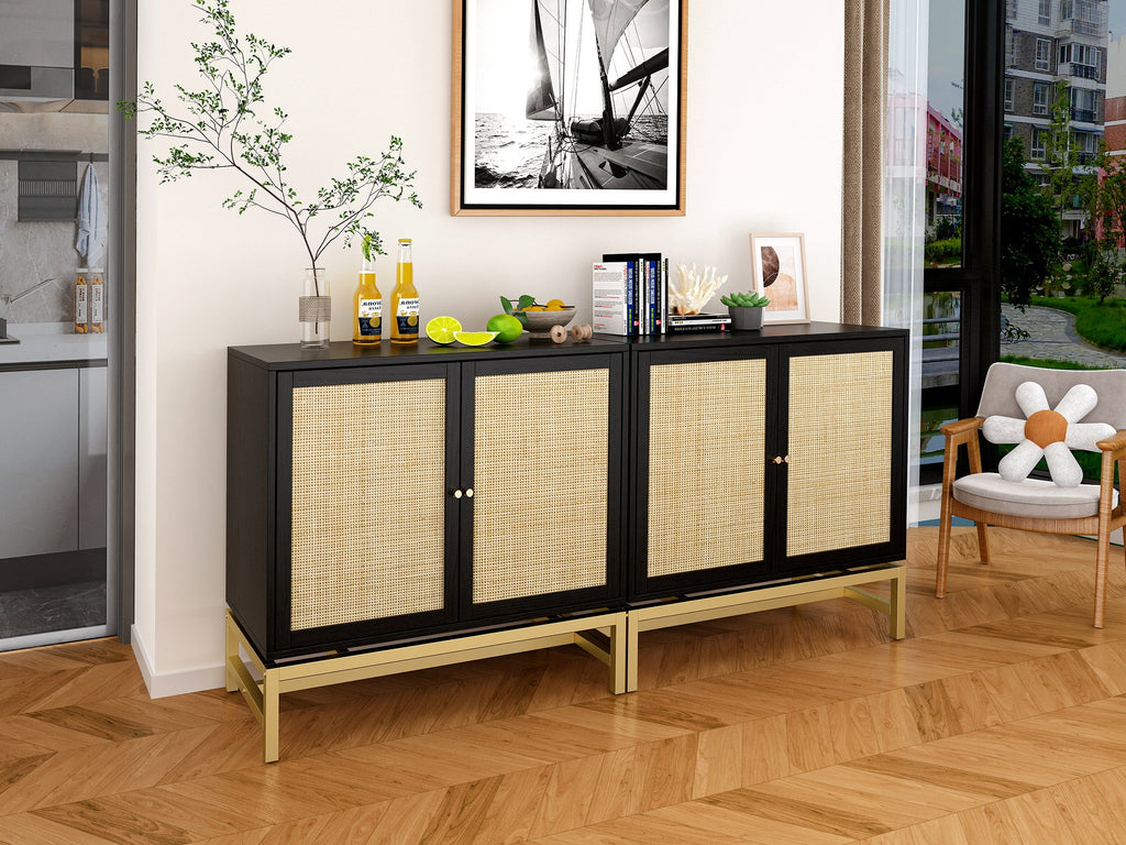 Black Set of 2 Rattan 2 Door Cabinet S12316