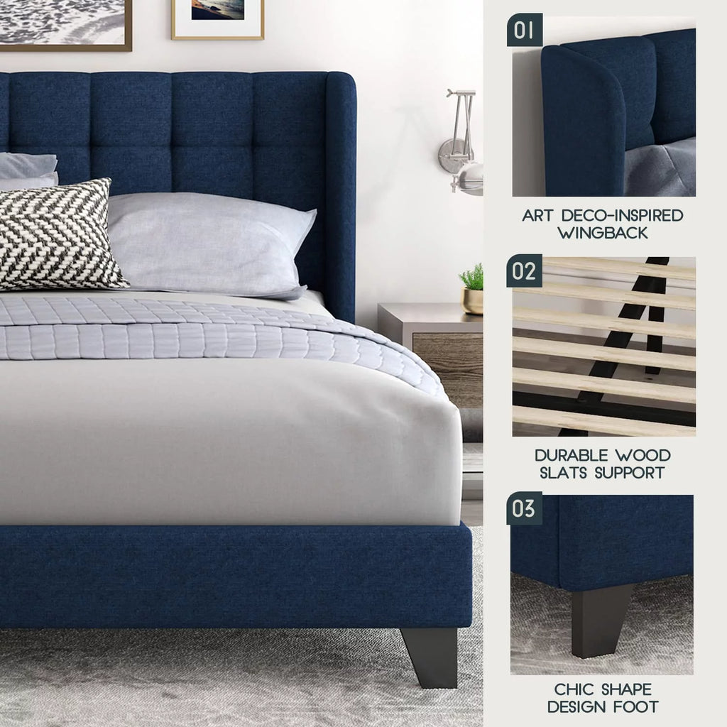 Queen Platform Bed Frame with Upholstered Wingback Linen Fabric Headboard I87493
