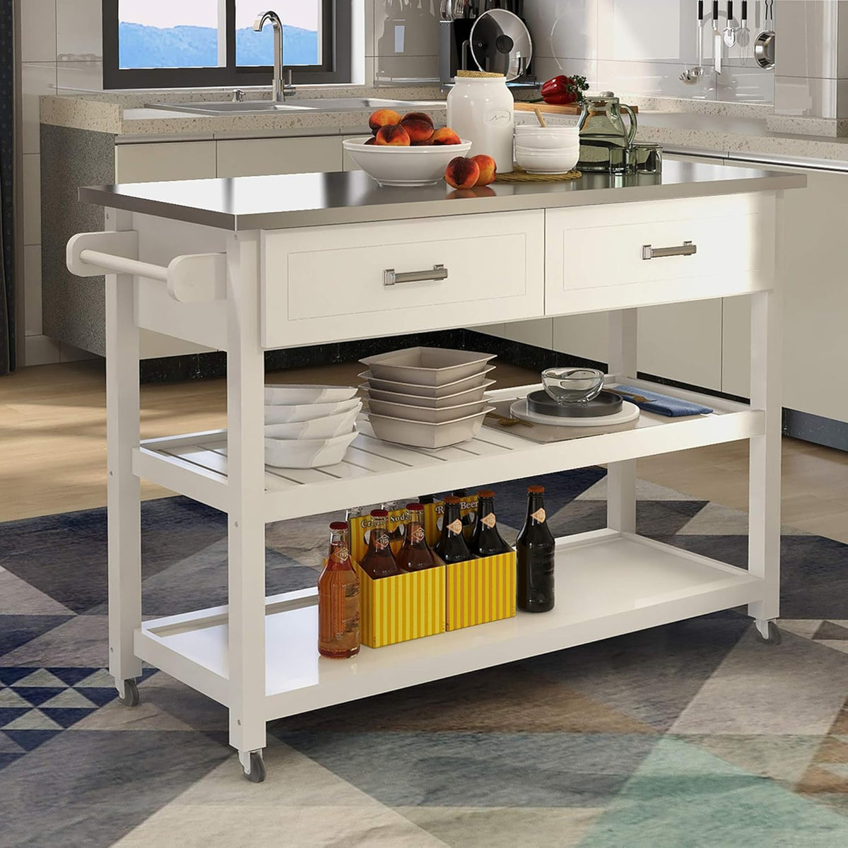 White Kitchen Cart with Stainless Steel Top I88505