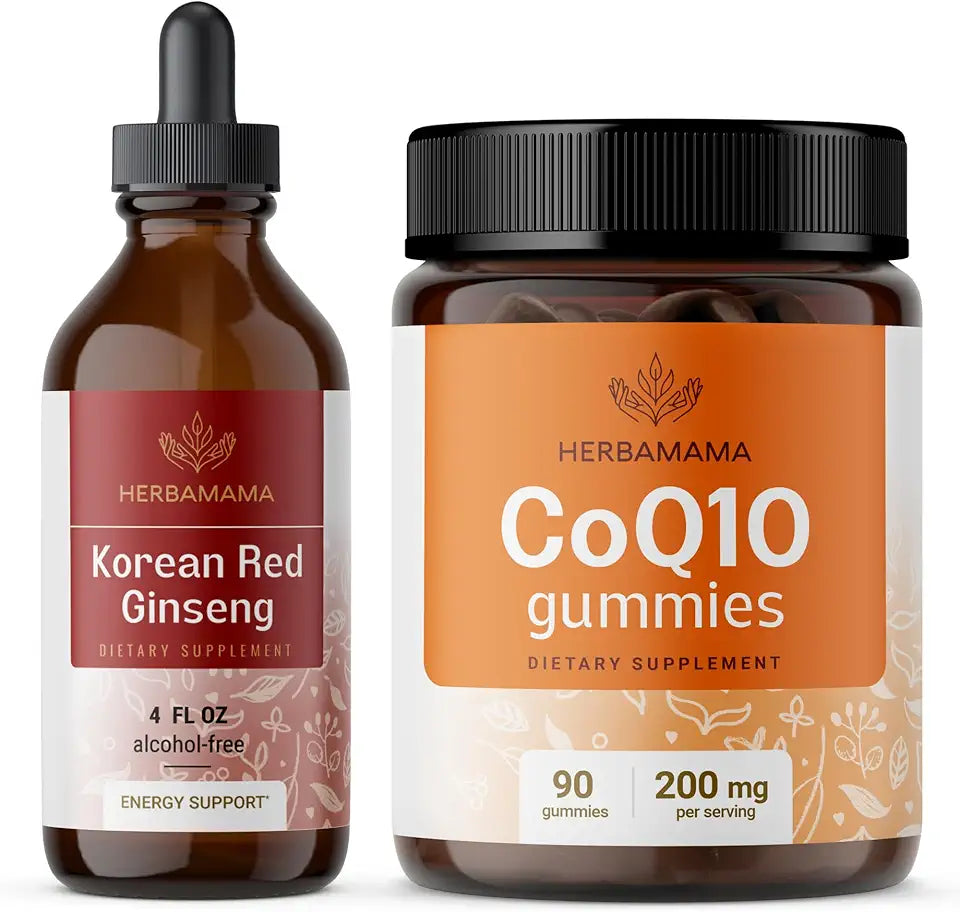 Korean Red Ginseng and CoQ10 Kit - 4 Fl Oz Tincture & Gummies - Vegan Non-GMO 2 Pack V6810