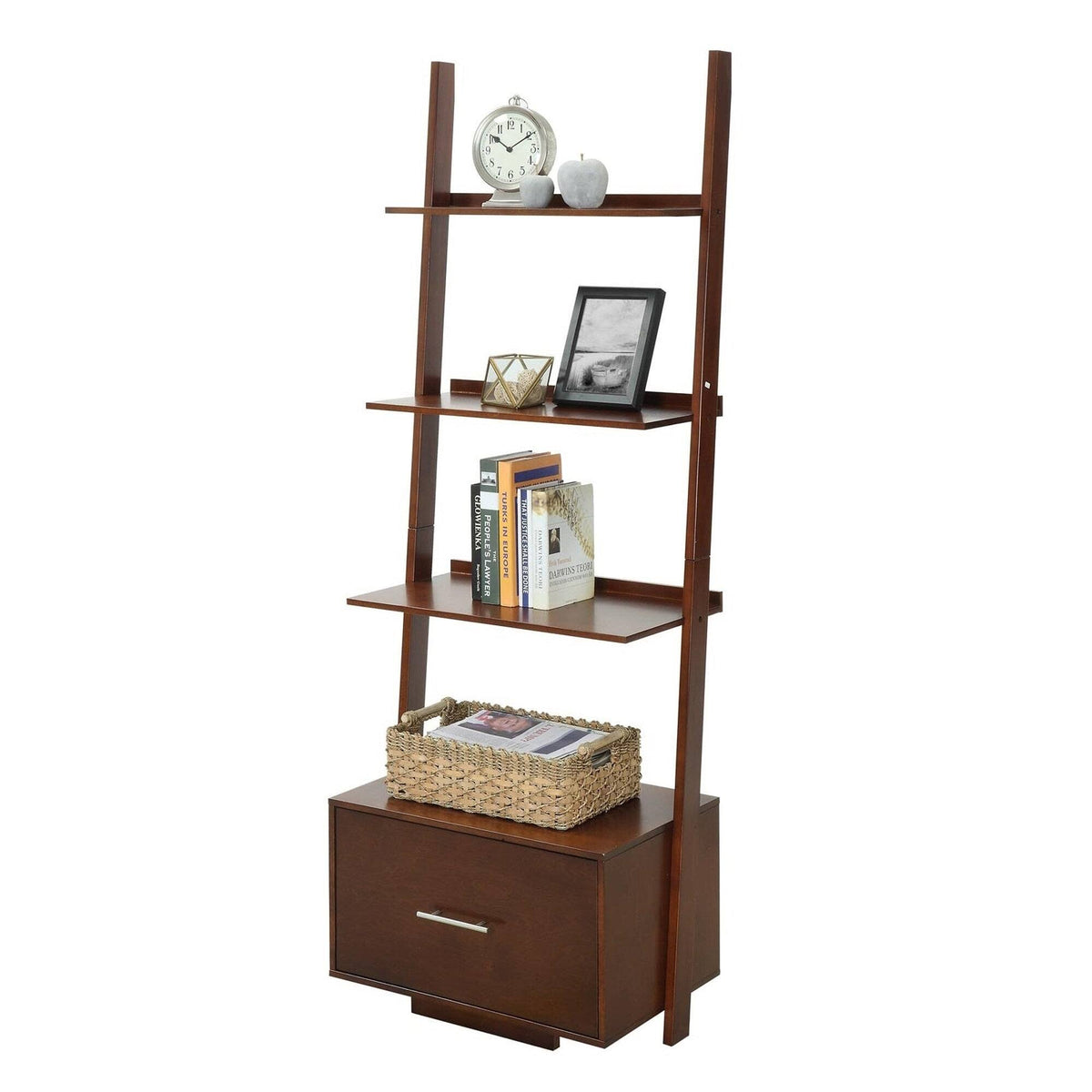 White Ladder Bookcase with File Drawer S245