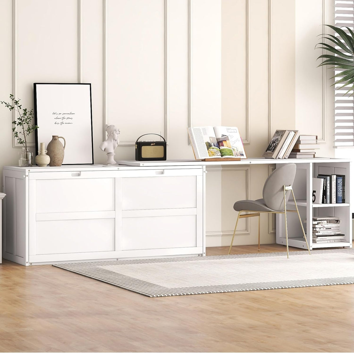 White Queen Size Murphy Bed with Storage Drawers P35869