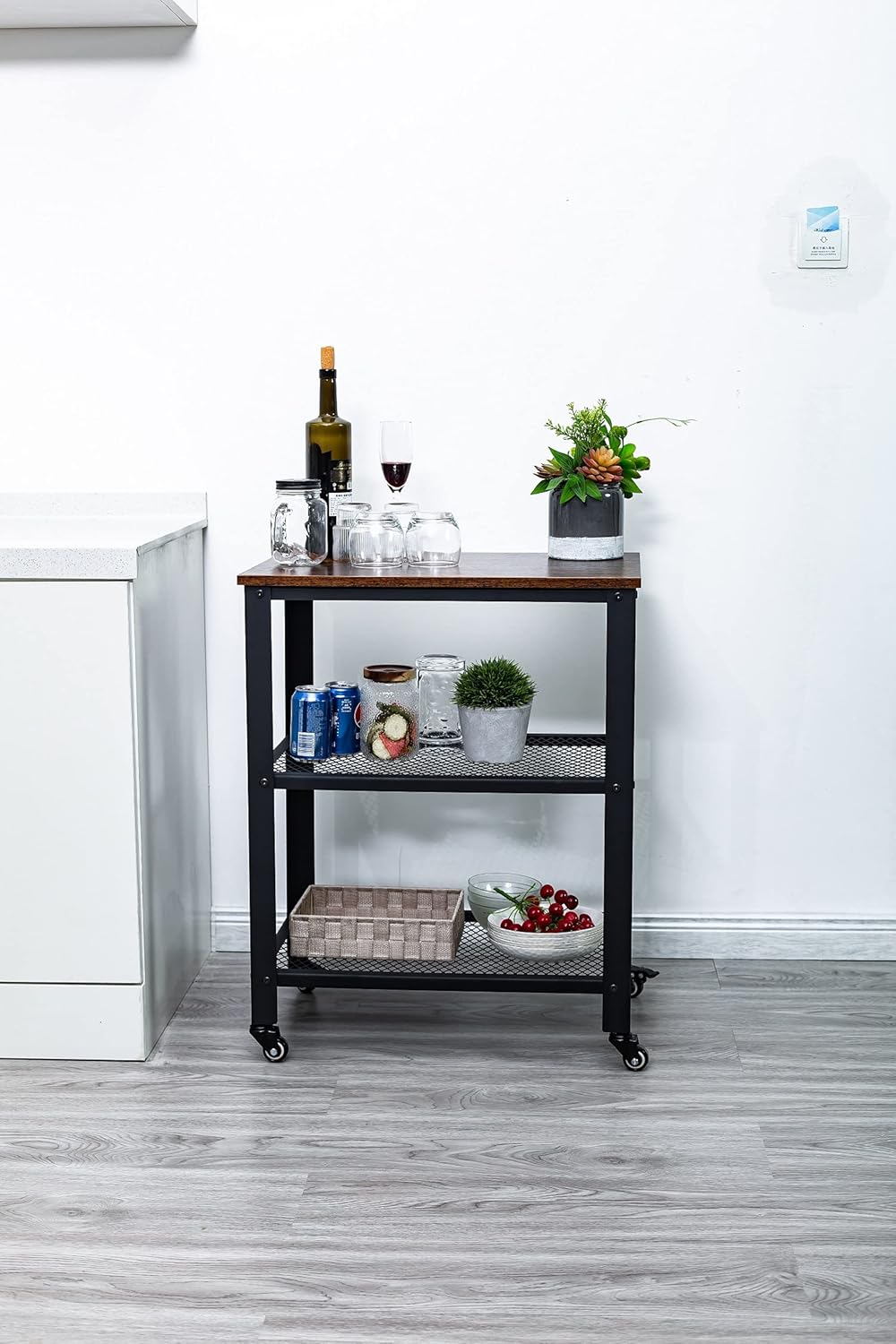 Standing Racks with Casters, 2 Mesh Shelves, Kitchen Service Trolley Cart Q92758