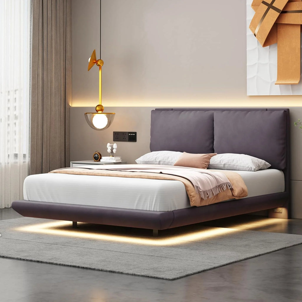 Gray Full Size Upholstered Platform Bed with USB Ports P8336