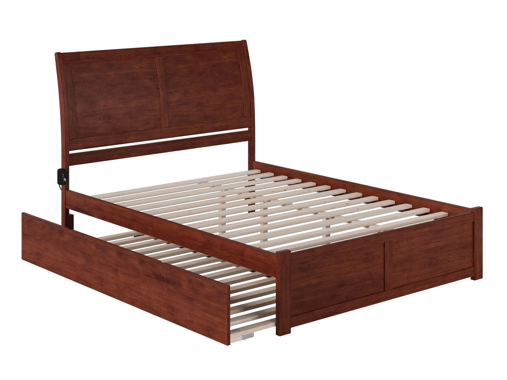 Queen Wood Platform Bed with Headboard Footboard & Twin XL Trundle Walnut V4444