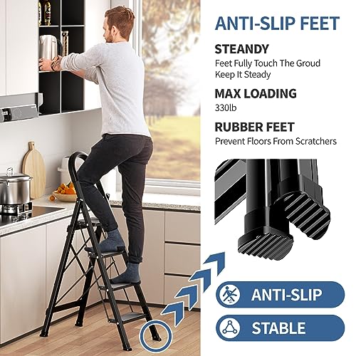 Black Aluminum Folding Step Stool with Handgrip E700