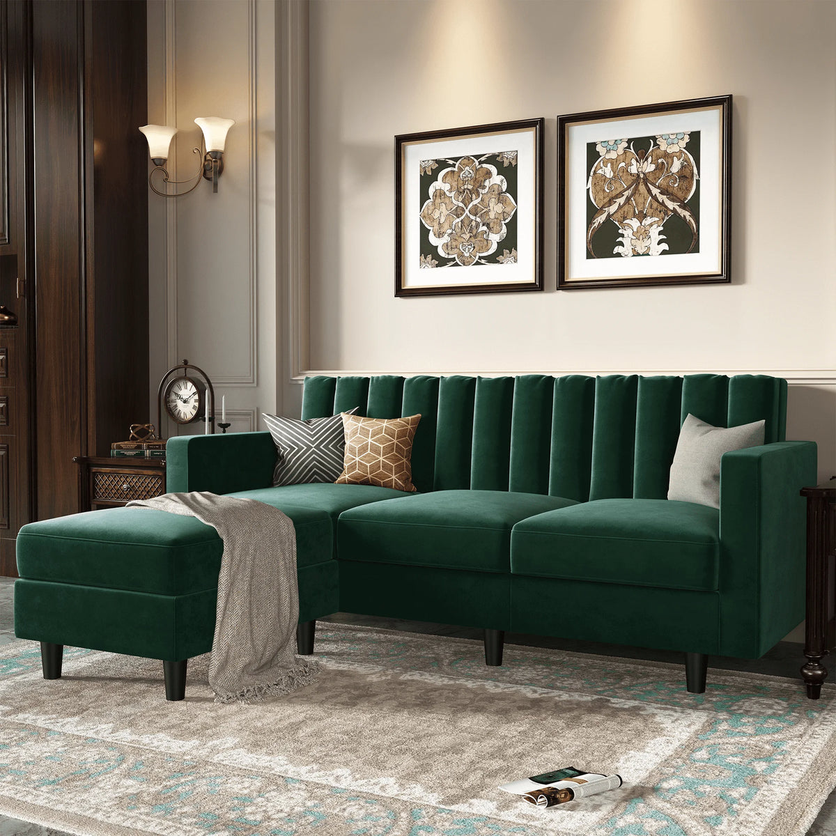 Green Velvet Sectional Sofa with Chaise O43289