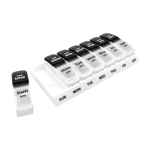 Weekly 7-Day AM/PM Pill Case, Black and Clear Lids G535