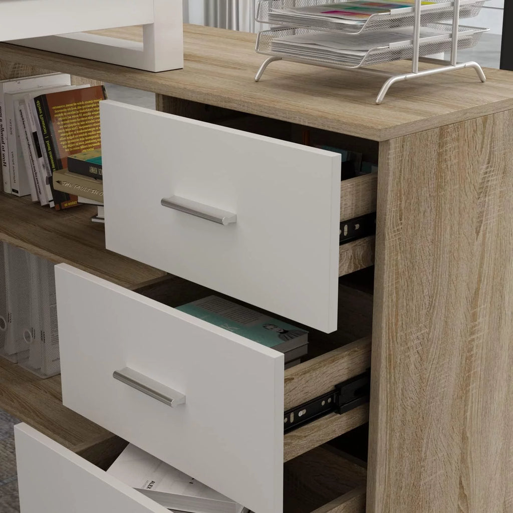 55 Inch L-Shaped Corner Desk with 3 Drawers and 2 Shelves, Walnut and White H67407