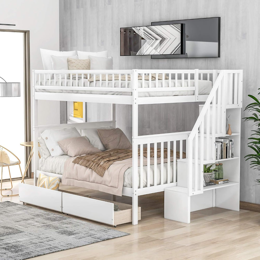 Solid Wood Twin-Over-Twin Stairway Bunk Bed Frame with Storage and Guard Rail C41249