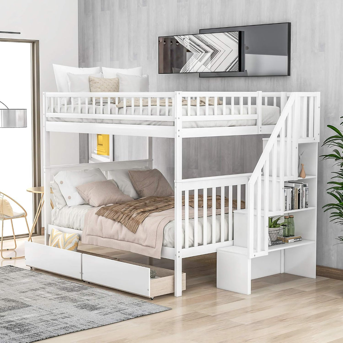 Solid Wood Twin-Over-Twin Stairway Bunk Bed Frame with Storage and Guard Rail C41249