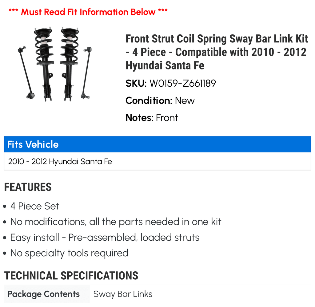 Strut Coil Spring Sway Bar Link Kit 4 Piece T246612