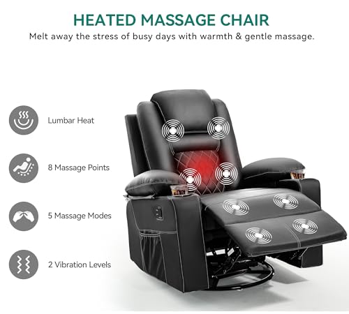 Black Faux Leather Swivel Rocker Recliner Chair with Massage & Heat D393673