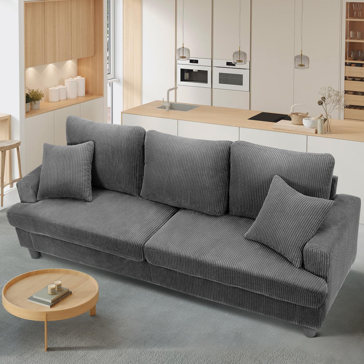 Gray Corduroy 3 Seater Sofa with 2 Pillows W809983