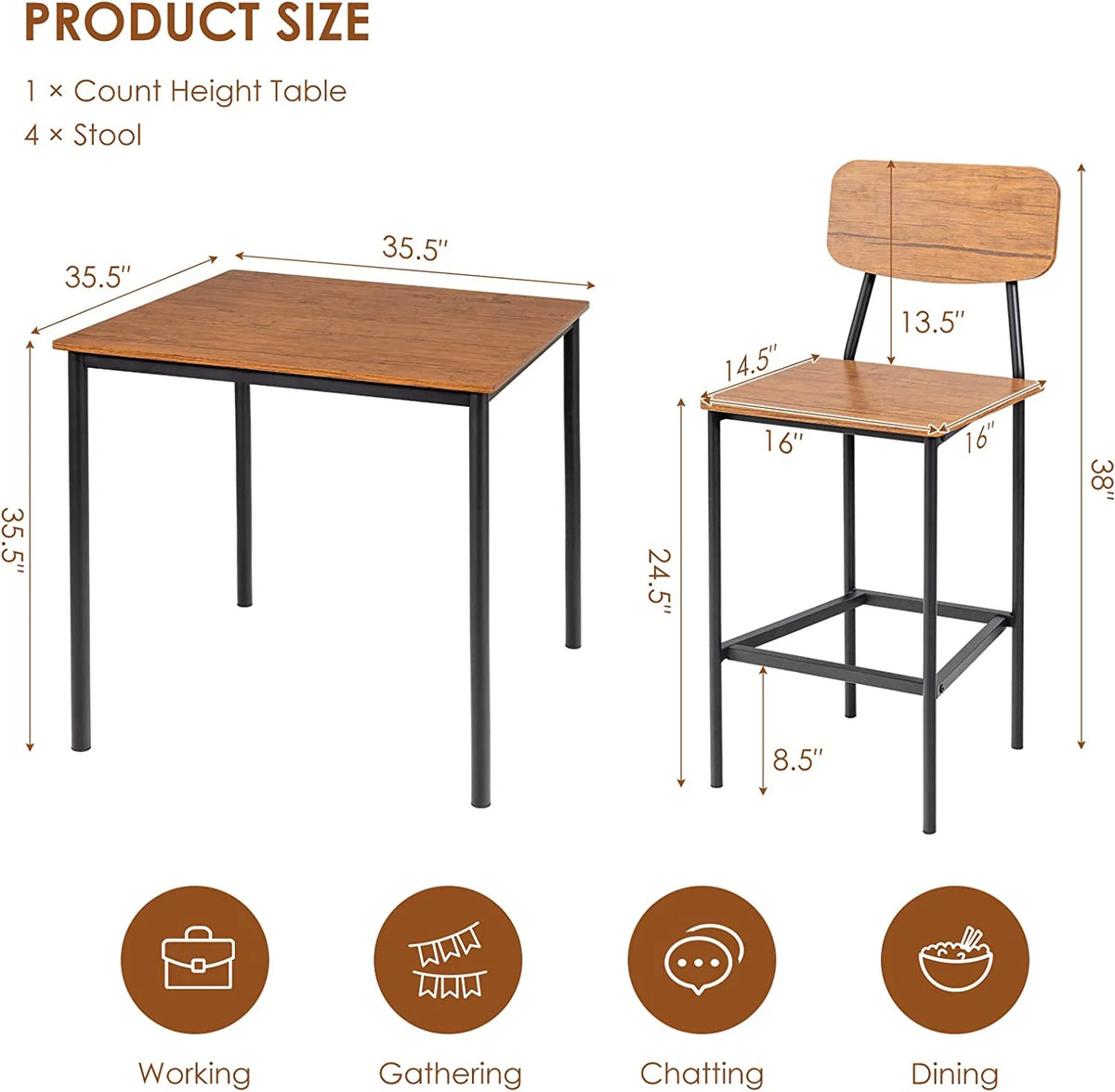 5-Piece Counter Height Dining Table Set with 4 Bar Stools B5020