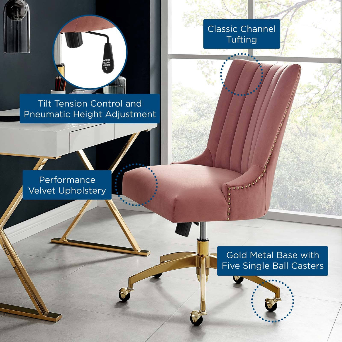Gold Dusty Rose Performance Velvet Office Chair I854778