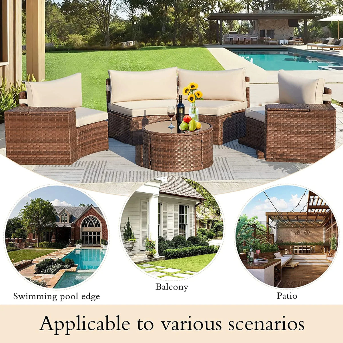 7 Piece Outdoor Patio Sectional Sofa Set with Storage Armrest R6798